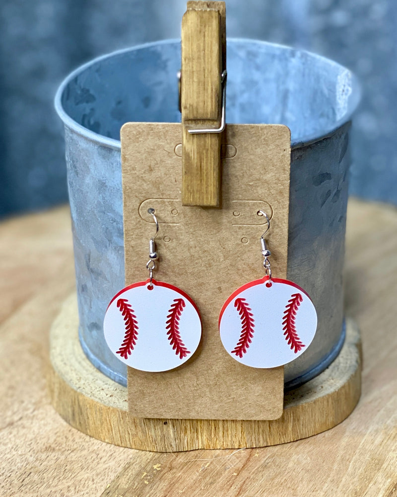 Wood Baseball Round Earrings